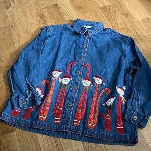Dressbarn Denim Shacket embroidered Christmas Cats with Santa Hats 1X